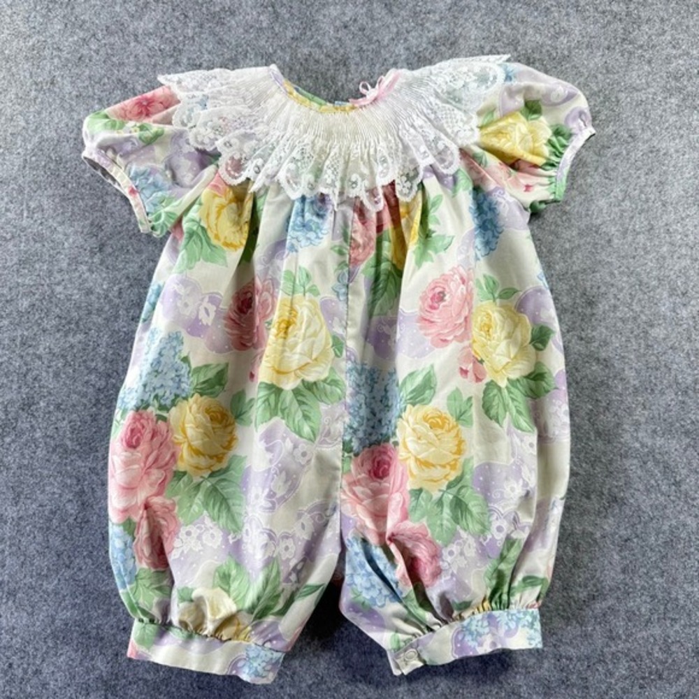 Vintage Lace Collar Pastel Floral Smocked Bubble Romper Rose Print Baby 6-9M